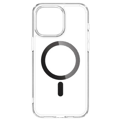 Przezroczyste etui Spigen Ultra Hybrid MagSafe do iPhone 15 Pro Max z widocznym czarnym pierścieniem magnetycznym w karbonowy wzór na pleckach obudowy.