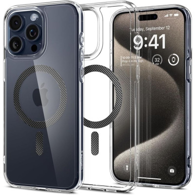 Przezroczyste etui Spigen Ultra Hybrid MagSafe do iPhone 15 Pro Max z karbonowym pierścieniem magnetycznym, widok na tył urządzenia oraz ekran główny.