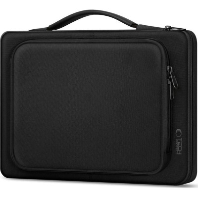 Czarne etui Tech-Protect Basic do MacBooka 13-14 cali z uchwytem na górze, zewnętrzną kieszenią na zamek błyskawiczny oraz widocznym logo marki w rogu.