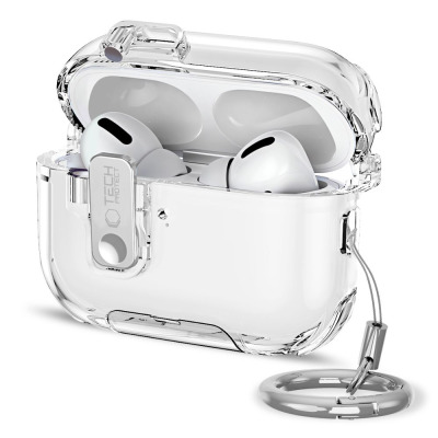 Przezroczyste etui Tech-Protect Bounce Pro do AirPods Pro z otwartą klapką, metalowym zapięciem z logo marki oraz dołączonym srebrnym kółkiem na klucze.