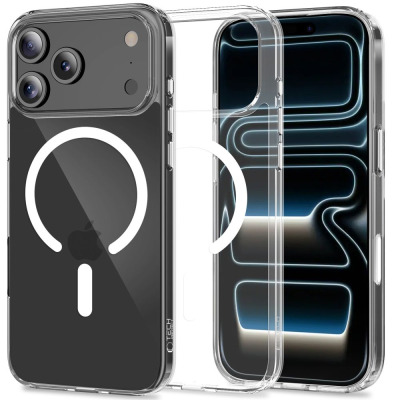 Przezroczyste etui Tech-Protect Flexair Hybrid MagSafe do iPhone 17 Pro Max z widocznym pierścieniem magnetycznym, wyspą aparatów oraz wymiennymi przyciskami.