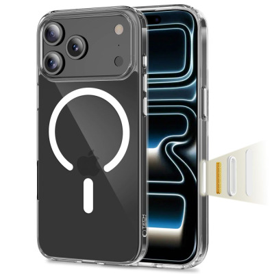 Przezroczyste etui Tech-Protect Flexair Hybrid MagSafe do iPhone 17 Pro Max z widocznym pierścieniem magnetycznym, wyspą aparatów oraz wymiennymi przyciskami.