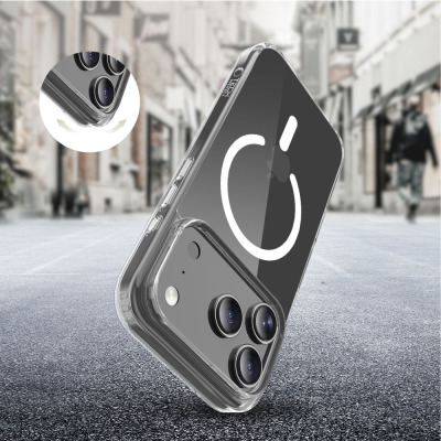 Przezroczyste etui Tech-Protect Flexair Hybrid MagSafe do iPhone 17 Pro Max z widocznym pierścieniem magnetycznym, wyspą aparatów i wstawką o ochronie rogów.
