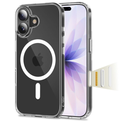 Przezroczyste etui Tech-Protect Flexair MagSafe do iPhone 17 z widocznym pierścieniem magnetycznym, wyspą aparatów oraz wymiennymi przyciskami bocznymi.