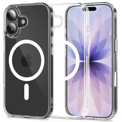 Przezroczyste etui Tech-Protect Flexair MagSafe do iPhone 17 z widocznym pierścieniem magnetycznym, ukazujące tył z wyspą aparatów oraz przód urządzenia.