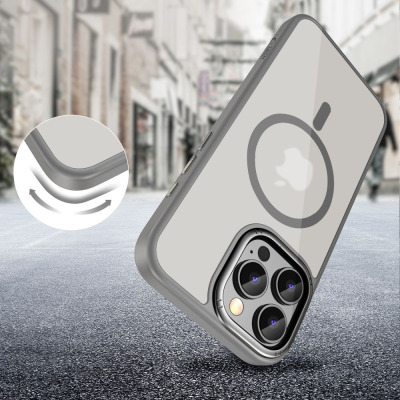 Etui Tech-Protect Magedge MagSafe do iPhone 16 Pro Max w kolorze Titanium Gunmetal, prezentujące wyspę aparatów oraz zbliżenie na elastyczne narożniki.