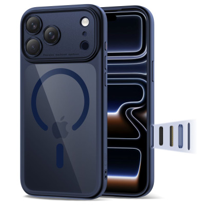 Granatowe etui Tech-Protect Magpeak CC do iPhone 17 Pro z przezroczystymi pleckami, pierścieniem MagSafe i wyeksponowaną wyspą aparatów oraz wymiennymi