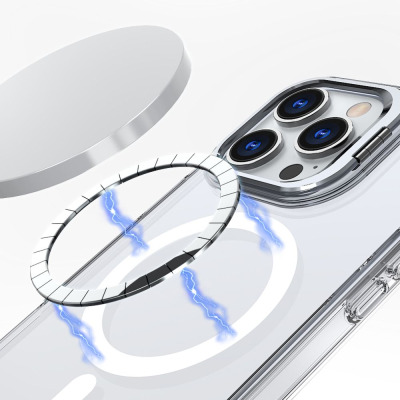 Przezroczyste etui Tech-Protect MagStand z MagSafe do iPhone 16, prezentowane w trzech ujęciach z widoczną wyspą aparatów, pierścieniem magnetycznym i ekranem.