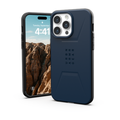 Granatowe etui UAG Civilian z MagSafe do iPhone 15 Pro Max, ukazujące tył z logo marki oraz przód urządzenia z włączonym ekranem i widoczną wyspą aparatów.