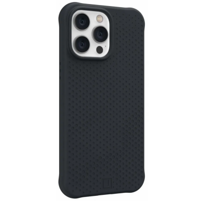 Czarne etui UAG Dot z obsługą MagSafe do iPhone 14 Pro Max, prezentujące kropkowaną fakturę plecków oraz wycięcie na potrójny moduł aparatów urządzenia.