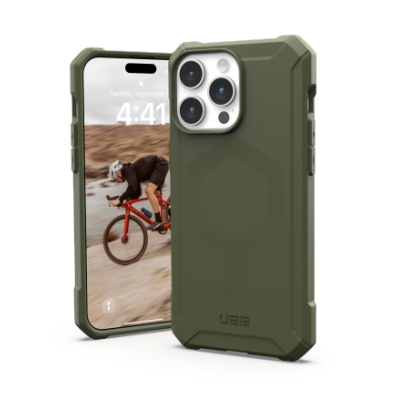 Zielone etui UAG Essential Armor MagSafe do iPhone 15 Pro Max, ukazujące tył z wyspą aparatów oraz przód telefonu z aktywnym ekranem blokady i logo UAG.