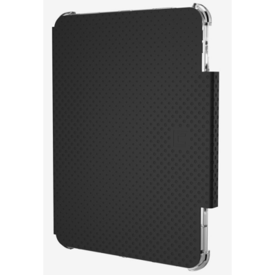 Czarne etui UAG Lucent do iPad Air 10.9 i iPad Pro 11 z kropkowaną fakturą powierzchni oraz przezroczystymi narożnikami ochronnymi, widok z profilu.
