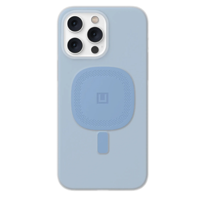 Niebieskie etui UAG Lucent do iPhone 14 Pro Max z widocznym modułem magnetycznym na pleckach oraz wycięciem na potrójny aparat z lampą błyskową.