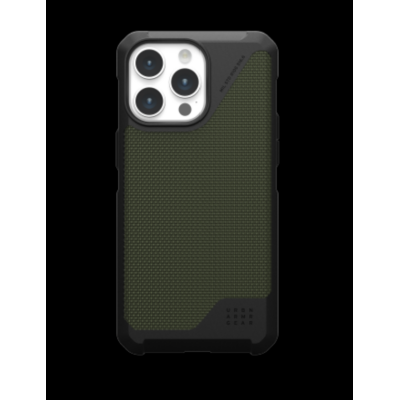 Etui UAG Metropolis LT z kevlarowym wykończeniem w kolorze zielono-czarnym do iPhone 15 Pro Max, widok na plecki z charakterystyczną wyspą aparatów i logo.
