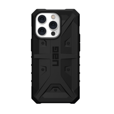 Czarne etui UAG Pathfinder MagSafe do iPhone 14 Pro Max, ukazujące pancerną konstrukcję z wyraźnym wycięciem na wyspę aparatów oraz logo marki na pleckach.