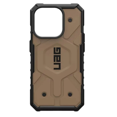 Brązowe etui UAG Pathfinder z czarnymi akcentami do iPhone 15 Pro, z widocznym logo UAG, sześciokątnym wzorem na pleckach oraz wycięciem na wyspę aparatów.