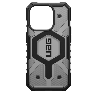 Etui UAG Pathfinder MagSafe do iPhone 15 Pro w kolorze czarno-szarym z charakterystycznym heksagonalnym wzorem na pleckach oraz wycięciem na aparat.