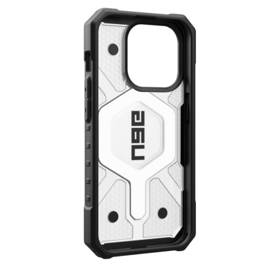 Etui UAG Pathfinder MagSafe do iPhone 15 Pro w kolorze czarno-przeźroczystym, z widocznym heksagonalnym wzorem na pleckach oraz wycięciem na aparat.