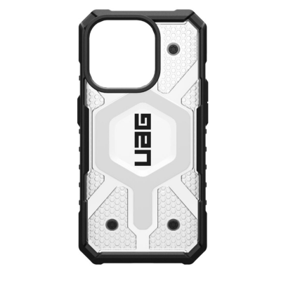 Etui UAG Pathfinder MagSafe do iPhone 15 Pro w kolorze czarno-przeźroczystym, z widocznym heksagonalnym wzorem na pleckach oraz wycięciem na aparat.