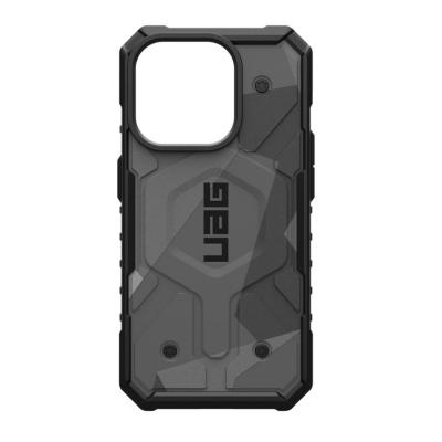 Szare etui UAG Pathfinder z obsługą MagSafe do iPhone 15 Pro, prezentujące wzmocnioną konstrukcję z logo UAG oraz wycięciem na wyspę aparatów.