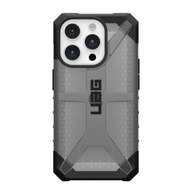 Szare etui UAG Plasma do iPhone 15 Pro z czarnymi wzmocnionymi narożnikami, widocznym logo UAG na środku oraz wycięciem na potrójny aparat fotograficzny.
