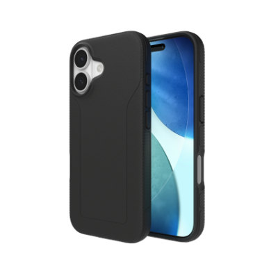 Czarne etui ZAGG Luxe Snap MagSafe do iPhone 17, prezentujące matową fakturę, wycięcie na wyspę aparatów oraz widok na ekran telefonu z wycięciem Dynamic