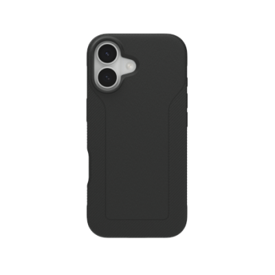 Czarne etui ZAGG Luxe Snap MagSafe do iPhone 17, prezentujące matową fakturę, wycięcie na wyspę aparatów oraz widok na ekran telefonu z wycięciem Dynamic