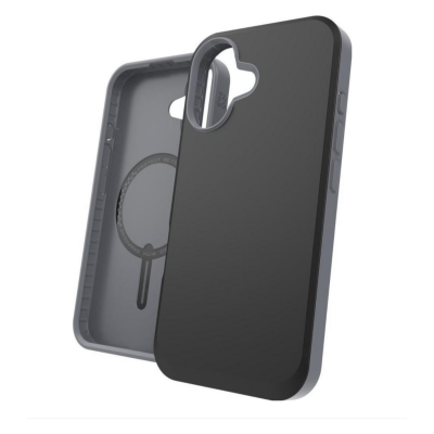 Czarne etui ZAGG SoHo Snap z MagSafe do iPhone 16, ukazujące wnętrze z magnetycznym pierścieniem oraz wycięcie na wyspę aparatów w szarym kolorze.