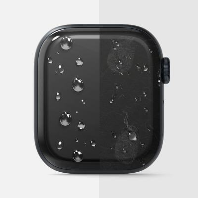 Folia ochronna Ringke Dual Easy do Apple Watch 10 46 mm w opakowaniu 3-pack oraz czarny zegarek z naklejoną folią widoczną na ekranie pod kątem.
