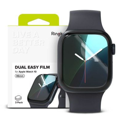 Folia ochronna Ringke Dual Easy do Apple Watch 10 46 mm w opakowaniu 3-pack oraz czarny zegarek z naklejoną folią widoczną na ekranie pod kątem.