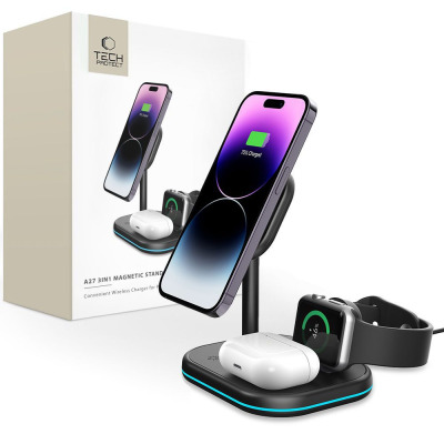 Czarna ładowarka indukcyjna Tech-Protect A27 3w1 z podświetleniem LED, ładująca iPhone, Apple Watch oraz słuchawki AirPods, widoczna obok opakowania produktu.