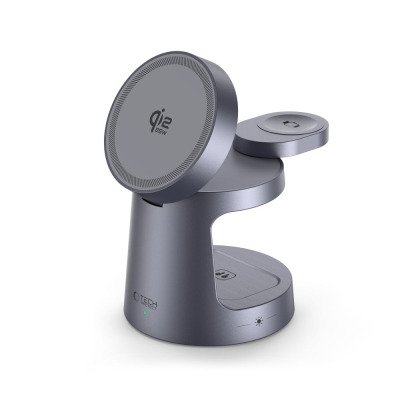 Szara ładowarka indukcyjna Tech-Protect A48 3w1 z magnetycznym uchwytem MagSafe 25W, podstawką na zegarek Apple Watch oraz miejscem na słuchawki AirPods.