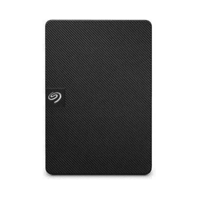 Zewnętrzny dysk twardy Seagate Expansion 2,5 cala w czarnej obudowie z charakterystyczną teksturą w ukośne paski oraz widocznym logo producenta na froncie.