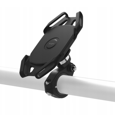 Czarny uchwyt rowerowy Ringke Spider Grip zamontowany na kierownicy, z widocznym logotypem marki na środku panelu podtrzymującego smartfon w pozycji pionowej.