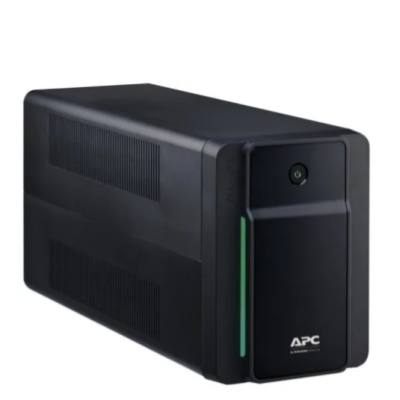 Zasilacz awaryjny UPS APC BVX1600LI-GR w czarnej obudowie z widocznym przyciskiem zasilania, pionowym wskaźnikiem stanu oraz logo marki na froncie.
