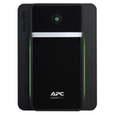 Zasilacz awaryjny UPS APC BVX1600LI-GR Easy w czarnej obudowie z podświetlanym na zielono przyciskiem zasilania oraz logotypem producenta na froncie.