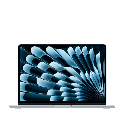 Apple MacBook Air 13 z procesorem M4 w błękitnej obudowie, widoczny od frontu z otwartą klapą i abstrakcyjną, niebieską tapetą na wyświetlaczu.
