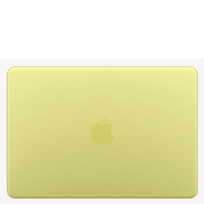 Apple MacBook Neo 13 cali w kolorze cytrusowożółtym, widok z góry na zamkniętą obudowę z charakterystycznym logo Apple umieszczonym centralnie na pokrywie.