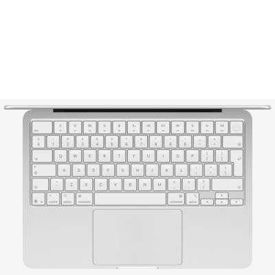 Srebrny Apple MacBook Neo 13 cali z otwartą klapą, na której wyświetlana jest abstrakcyjna tapeta z pionowymi, zaokrąglonymi kształtami w odcieniach fioletu.