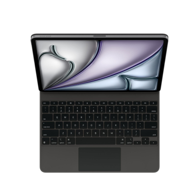 Czarna klawiatura Apple Magic Keyboard do iPada Air 13 M3 z gładzikiem, widoczna od góry w połączeniu z tabletem wyświetlającym abstrakcyjną grafikę.