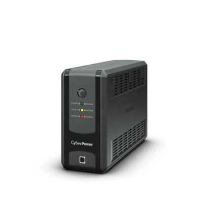 Czarny zasilacz awaryjny UPS CyberPower 850VA z widocznym panelem przednim, przyciskiem zasilania, diodami statusu oraz portem komunikacyjnym na dole obudowy.