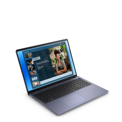 Laptop Dell DC16251 w kolorze Midnight Blue z otwartą klapą, prezentujący pulpit systemu Windows 11 z widocznym menu start na tle niebieskiej tapety.