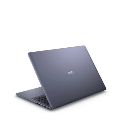 Notebook Dell DC16251 w kolorze Midnight Blue, widok z tyłu na zamkniętą obudowę z logo Dell oraz odsłoniętą część klawiatury i porty na bocznej krawędzi.