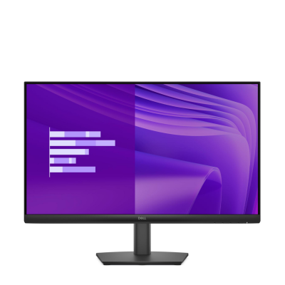 Monitor Dell E2425HM o przekątnej 23,8 cala w czarnej obudowie z wyświetlonym abstrakcyjnym fioletowym motywem graficznym oraz czytelnym wykresem słupkowym.