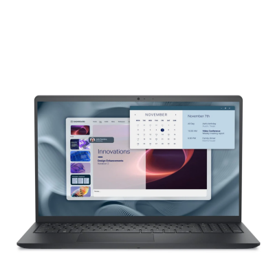 Czarny laptop Dell Pro 15 Essential PV15250 z otwartą klapą, prezentujący na ekranie interfejs pulpitu z kalendarzem, notatkami i panelem nawigacyjnym.