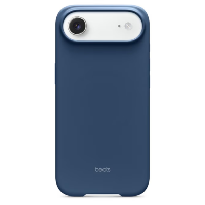 Granatowe etui Beats z MagSafe do iPhone 17 Air, widok na tył urządzenia z charakterystyczną białą wyspą aparatów i subtelnym logo Beats na dole obudowy.