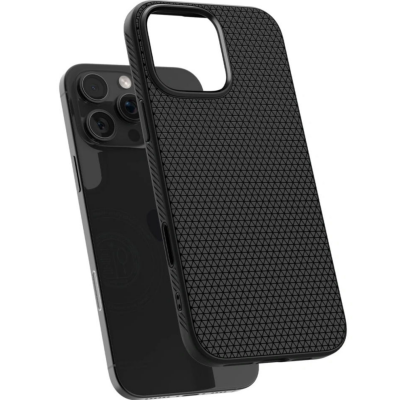 Czarne etui Spigen Liquid Air do iPhone 16 Pro Max z geometrycznym wzorem na pleckach oraz widoczną wyspą aparatów, ujęcie prezentujące tył i bok telefonu.