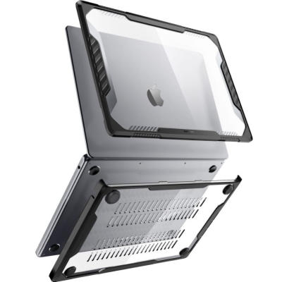 Czarne etui Supcase Unicorn Beetle do MacBook Air 15 2023, ukazujące dwuczęściową konstrukcję ochronną z przezroczystym panelem na obudowę laptopa Apple.