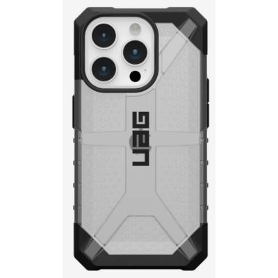 Przezroczyste etui UAG Plasma Armor w kolorze ice do iPhone 15 Pro z widoczną wyspą aparatów, wzmocnionymi narożnikami i wyraźnym logo UAG na środku.