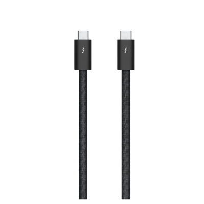 Czarny kabel Apple Thunderbolt 5 Pro o długości 1 metra z wtyczkami USB-C, zwinięty w okrąg, z widocznymi symbolami błyskawicy na obu końcówkach przewodu.